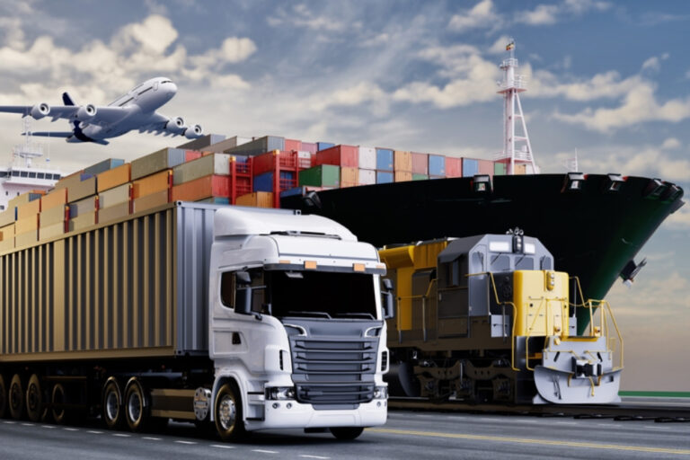 Container truck and cargo ship at port, goods shipped for import into Equatorial Guinea