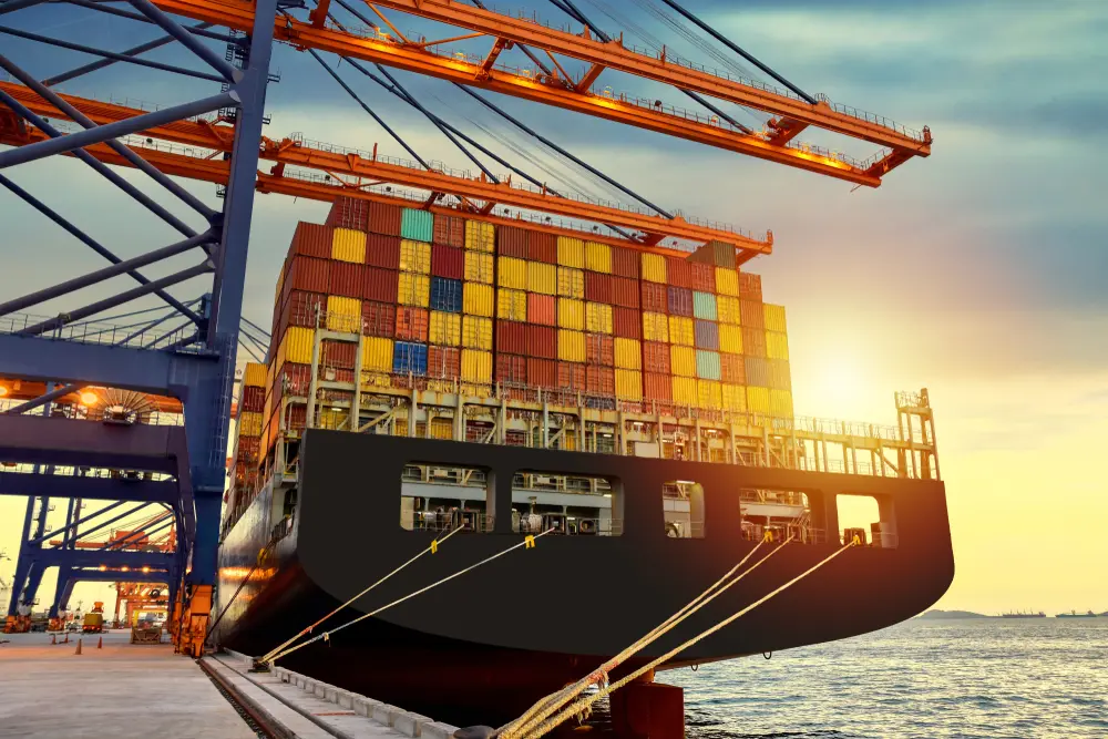 Container ship unloading at a port with cranes